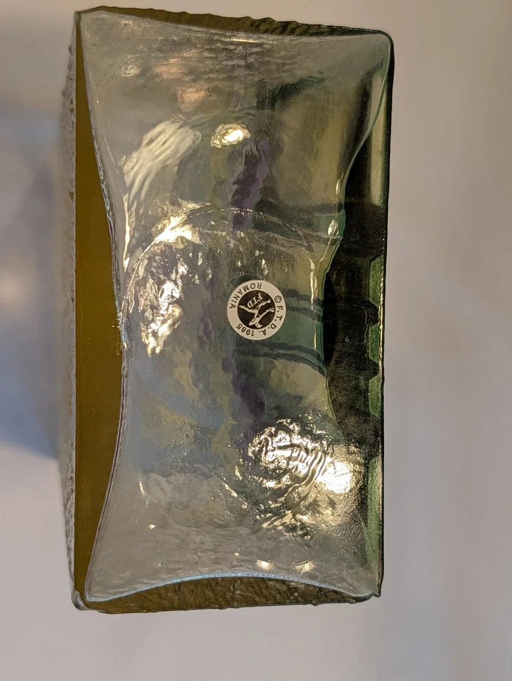 Vase Iris Embossed Stained Glass FTD Romania 1985  Rectangle Textured Vintage